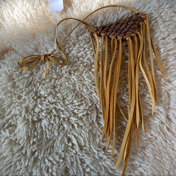 HANDMADE Gold Deerskin Leather Fringe Shield Necklace - Picture 4 of 5